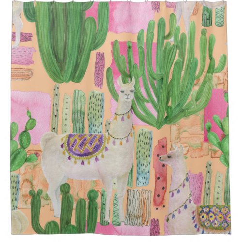 Watercolor llamas cacti seamless pattern shower curtain