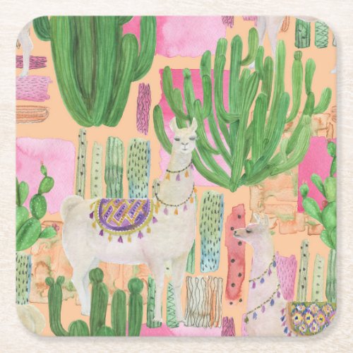Watercolor llamas cacti seamless pattern square paper coaster