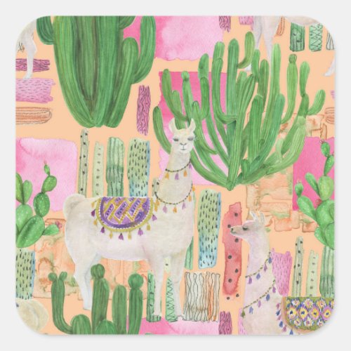 Watercolor llamas cacti seamless pattern square sticker