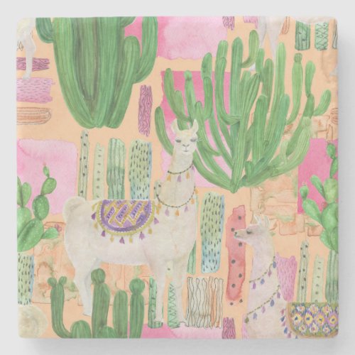 Watercolor llamas cacti seamless pattern stone coaster