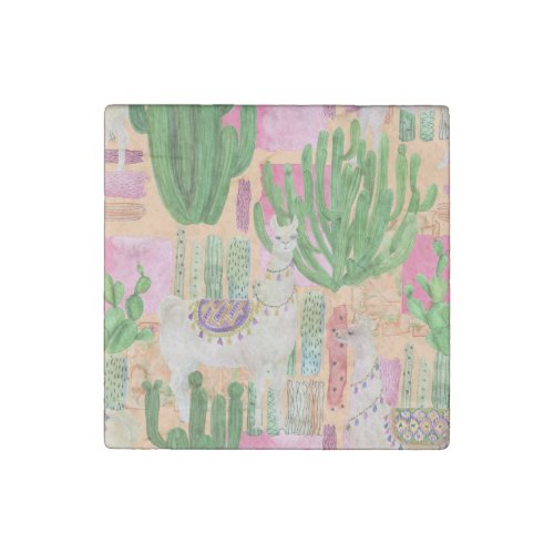Watercolor llamas cacti seamless pattern stone magnet