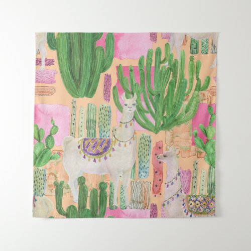 Watercolor llamas cacti seamless pattern tapestry