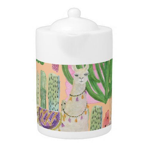 Watercolor llamas cacti seamless pattern teapot
