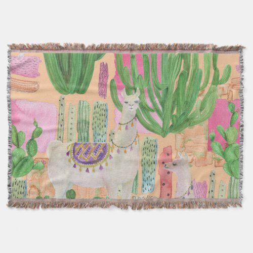 Watercolor llamas cacti seamless pattern throw blanket