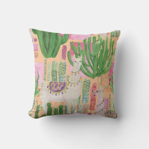 Watercolor llamas cacti seamless pattern throw pillow