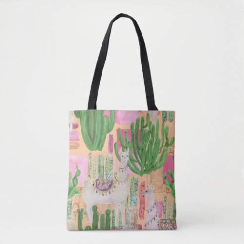 Watercolor llamas cacti seamless pattern tote bag