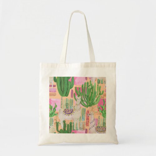 Watercolor llamas cacti seamless pattern tote bag