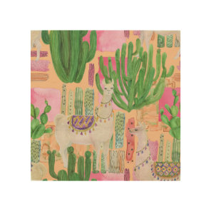 Watercolor llamas, cacti: seamless pattern. wood wall art