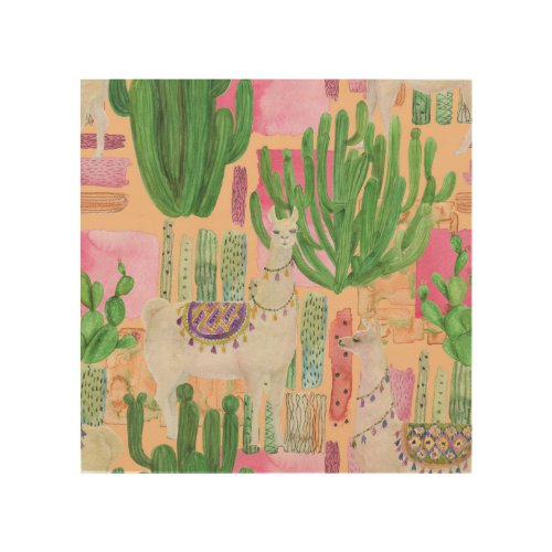 Watercolor llamas cacti seamless pattern wood wall art