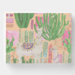 Watercolor llamas, cacti: seamless pattern. wooden box sign