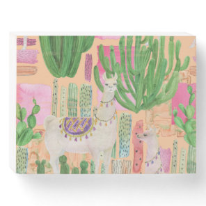 Watercolor llamas, cacti: seamless pattern. wooden box sign