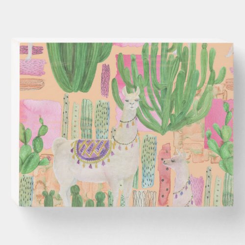 Watercolor llamas cacti seamless pattern wooden box sign