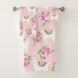 Watercolor Llama's on Coral pink Bath Towel Set