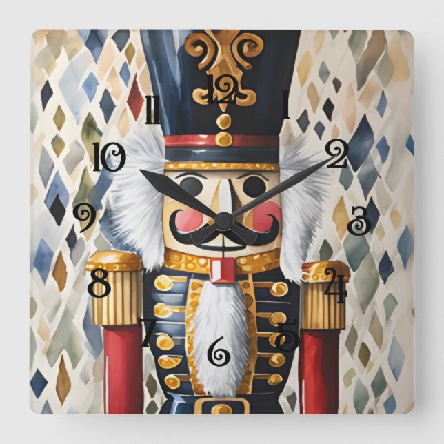 Watercolor llustrated Christmas Nutcracker Square Wall Clock (Front)