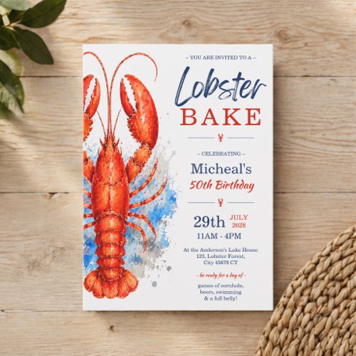 Watercolor Lobster Bake 50th Birthday Invitation