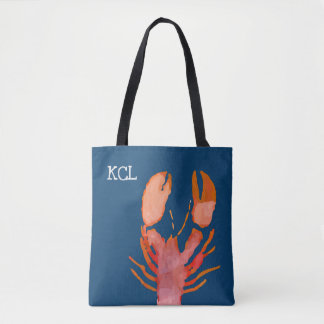 Watercolor Lobster Monogram Nautical Tote Bag