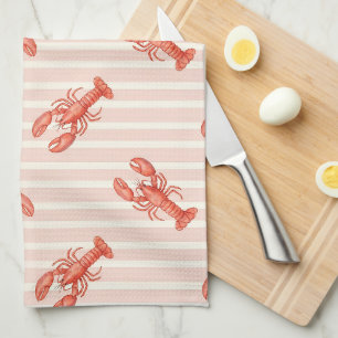 Watercolor Lobster Pattern on Soft Pink Stripes Kitchen Towel