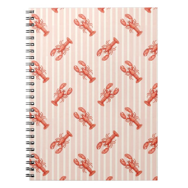 Watercolor Lobster Pattern on Soft Pink Stripes Notebook (Front)