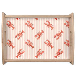 Watercolor Lobster Pattern on Soft Pink Stripes Serving Tray
