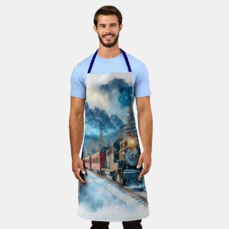 Watercolor Locomotive Train All-Over Print Apron