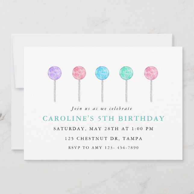 Watercolor Lollipop Birthday Party Invitation (Front)