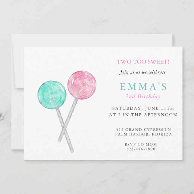 Watercolor Lollipop Birthday Party Invitation (Front)