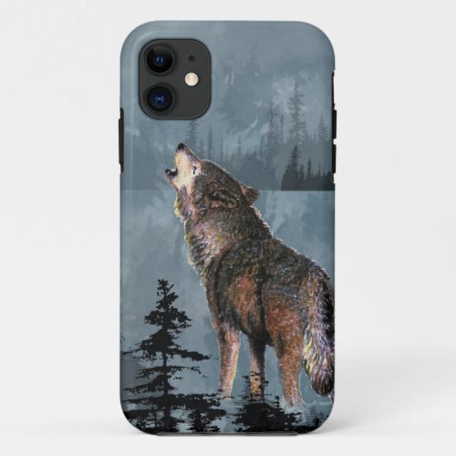 Watercolor Lonely Wolf Howling across Lake iPhone 11 Case