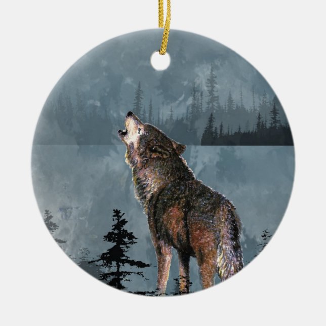 Watercolor Lonely Wolf Howling across Lake Ceramic Ornament (Front)