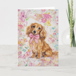 Watercolor Long Hair Dachshund Pastel Floral Card