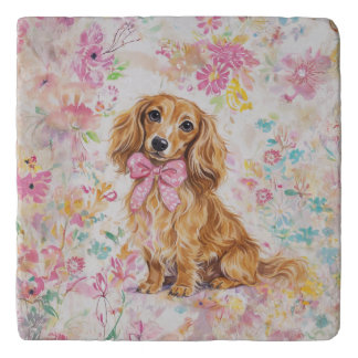 Watercolor Long Hair Dachshund Pastel Floral Trivet