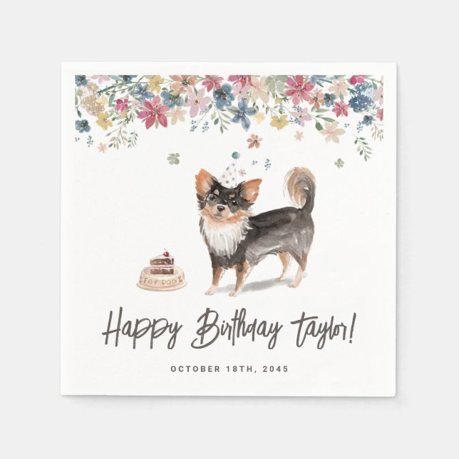 Watercolor Long Haired Chihuahua Dog Birthday Napkins (Front)