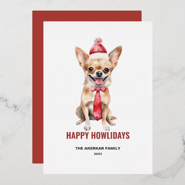 Watercolor Long Haired Chihuahua Happy Howlidays Foil Holiday Card (Front/Back)