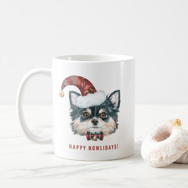 Watercolor Long Haired Chihuahua Santa Christmas Coffee Mug (With Donut)