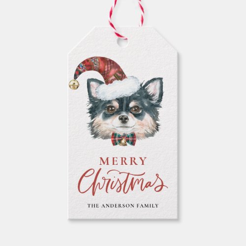 Watercolor Long Haired Chihuahua Santa Christmas Gift Tags