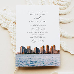 Watercolor Long Island New York Skyline Wedding Invitation