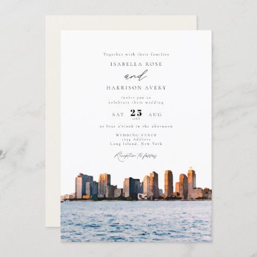 Watercolor Long Island New York Skyline Wedding Invitation