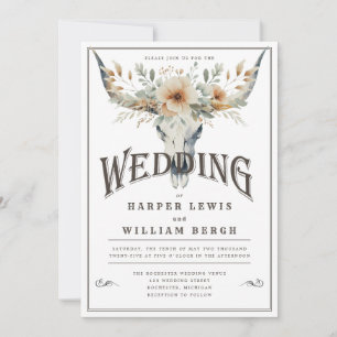 Watercolor longhorn skull wedding invitation