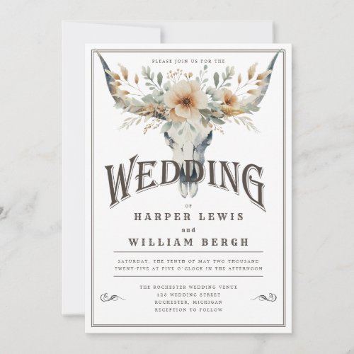 Watercolor longhorn skull wedding invitation