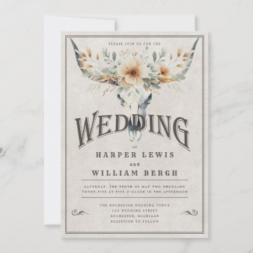 Watercolor longhorn skull wedding invitation