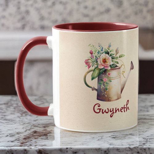 Watercolor Look Flowers Watering Can with Name Mug