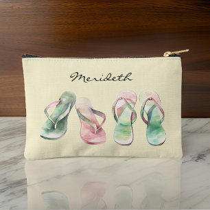 Watercolor Look Pink and Green Summer Flip Flops Accessory Pouch