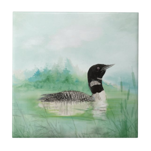 Watercolor Loon Wildlife Nature Bird art Ceramic Tile (Front)