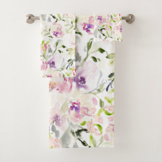 Watercolor loose expressive spring floral bath towel set