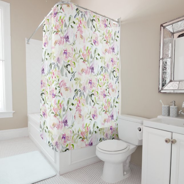 Watercolor loose expressive spring floral  shower curtain (In Situ)
