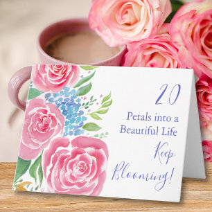 Watercolor Loose Roses & Hydrangea 20th Birthday Card