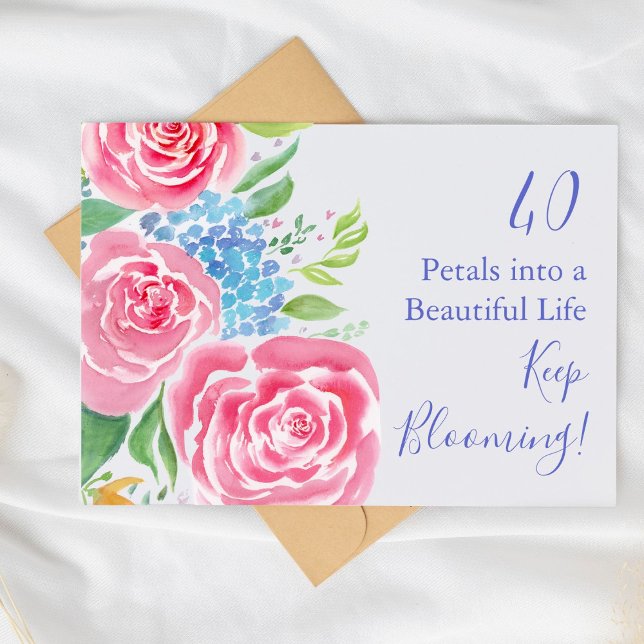 Watercolor Loose Roses  & Hydrangea 40th Birthday Card (Creator Uploaded)