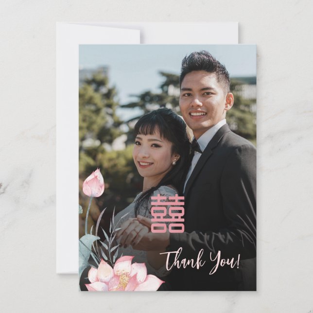 Watercolor Lotus Chinese Wedding Thank You Card (Front)