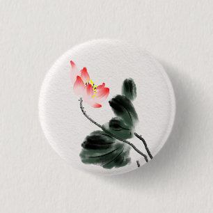 Watercolor Lotus Floral Chinoiserie Ink Wash Art Button