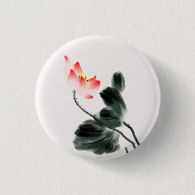 Watercolor Lotus Floral Chinoiserie Ink Wash Art  Button (Front)