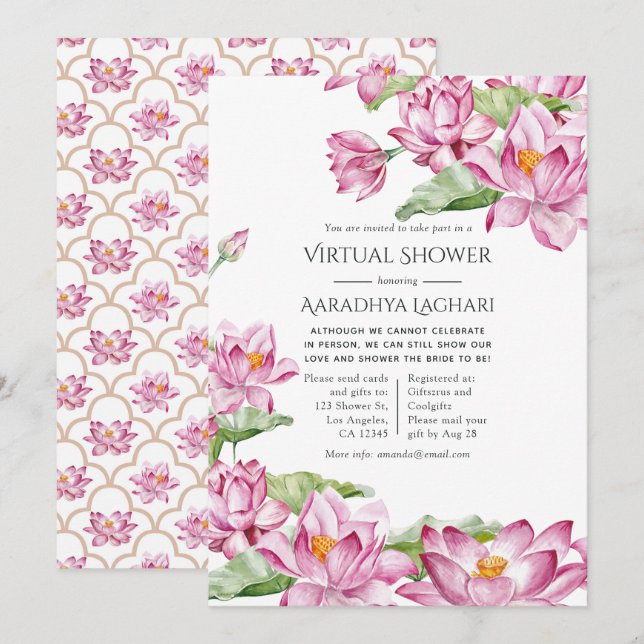 Watercolor Lotus Flower Indian Virtual Shower Invitation (Front/Back)